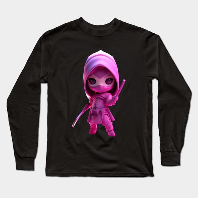 Pink Ninja Goddess: 3D Cartoon Art Depicting a Warrior Assassin in Black and White Long Sleeve T-Shirt by YUED